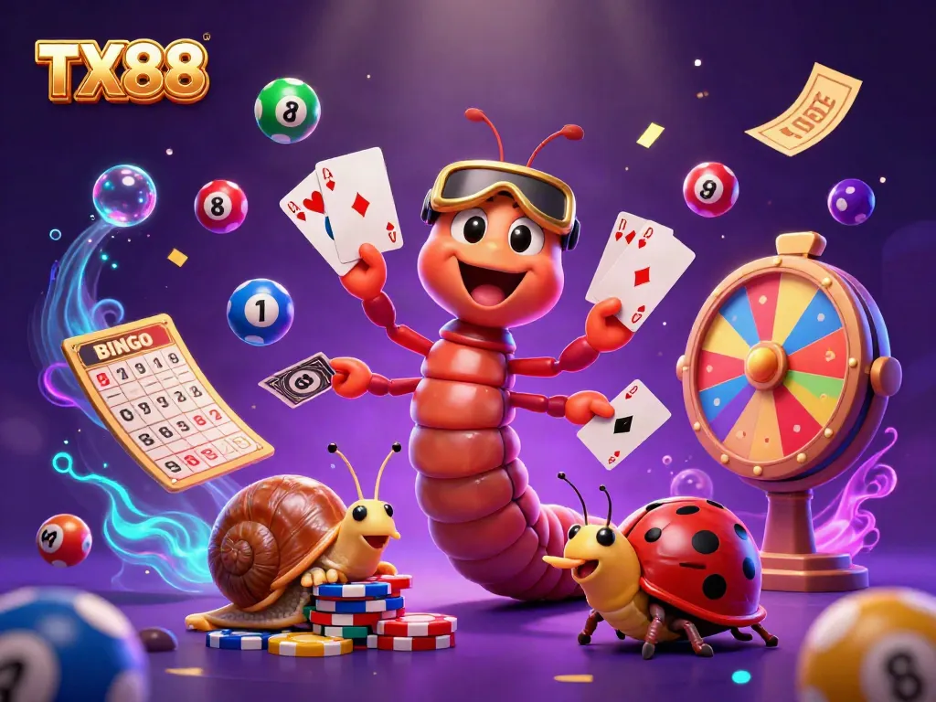 Experience the excitement of TX88 with a vibrant 3D casino illustration of a cartoon millipede dealer and a snail high-roller.