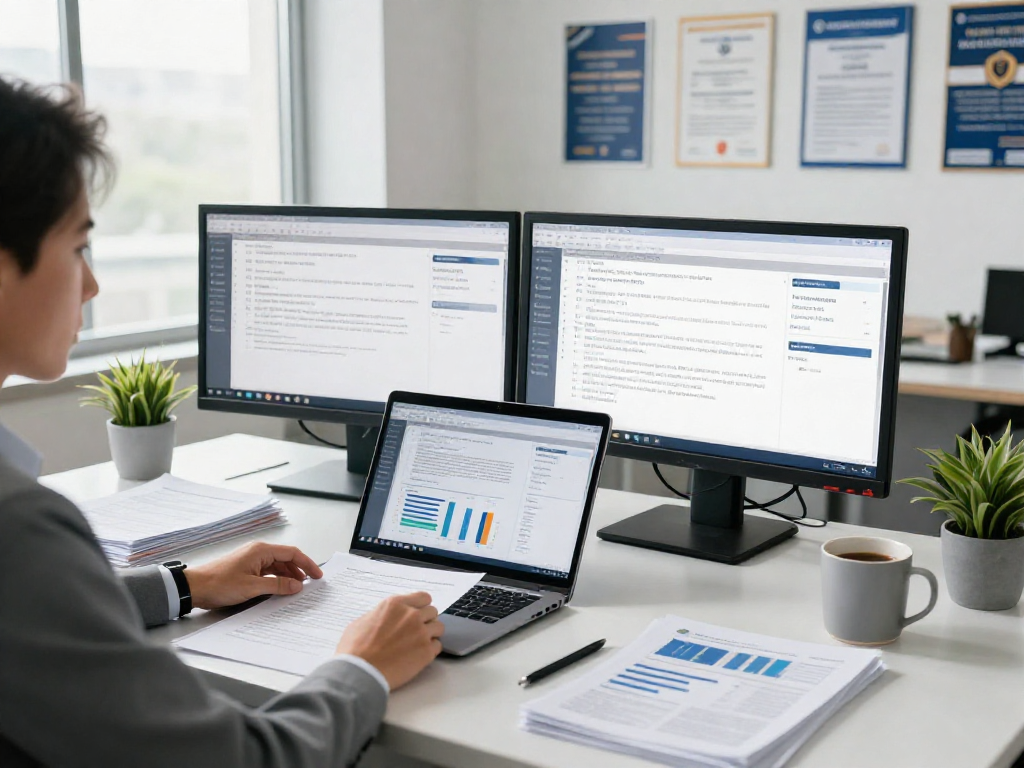 Compliance officer using document fraud detection software in modern office setting.