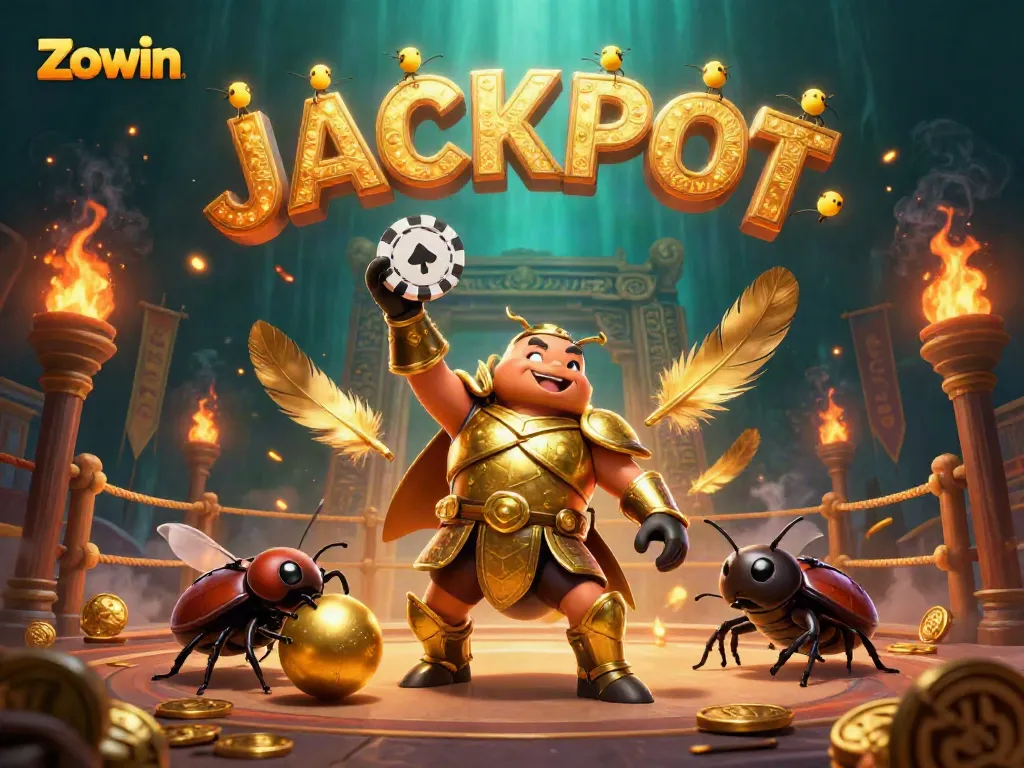 Experience Zowin riches with a victorious beetle lifting a poker chip in a vibrant casino illustration