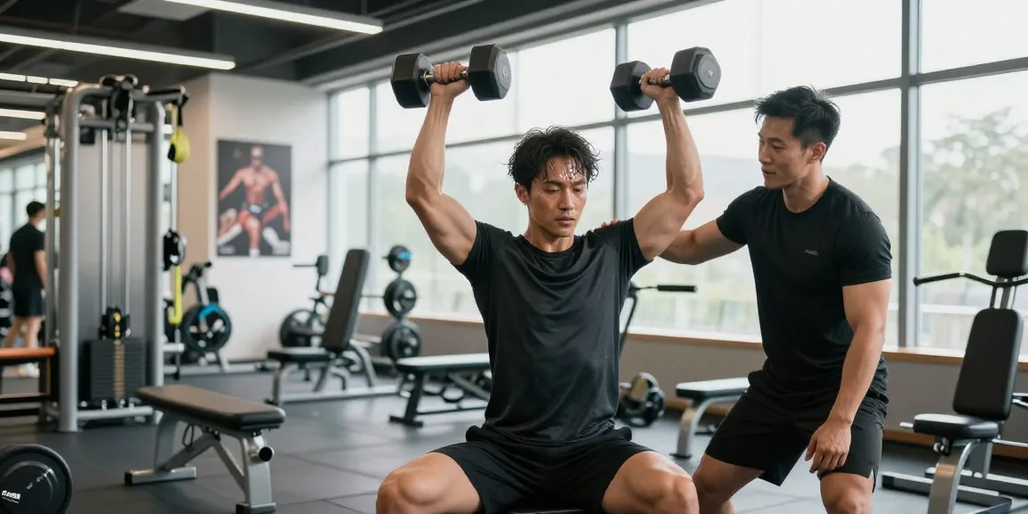 Medi Pharma Steroid Shop - Fitnesstraining im modernen Fitnessstudio mit Hanteln und Trainer.