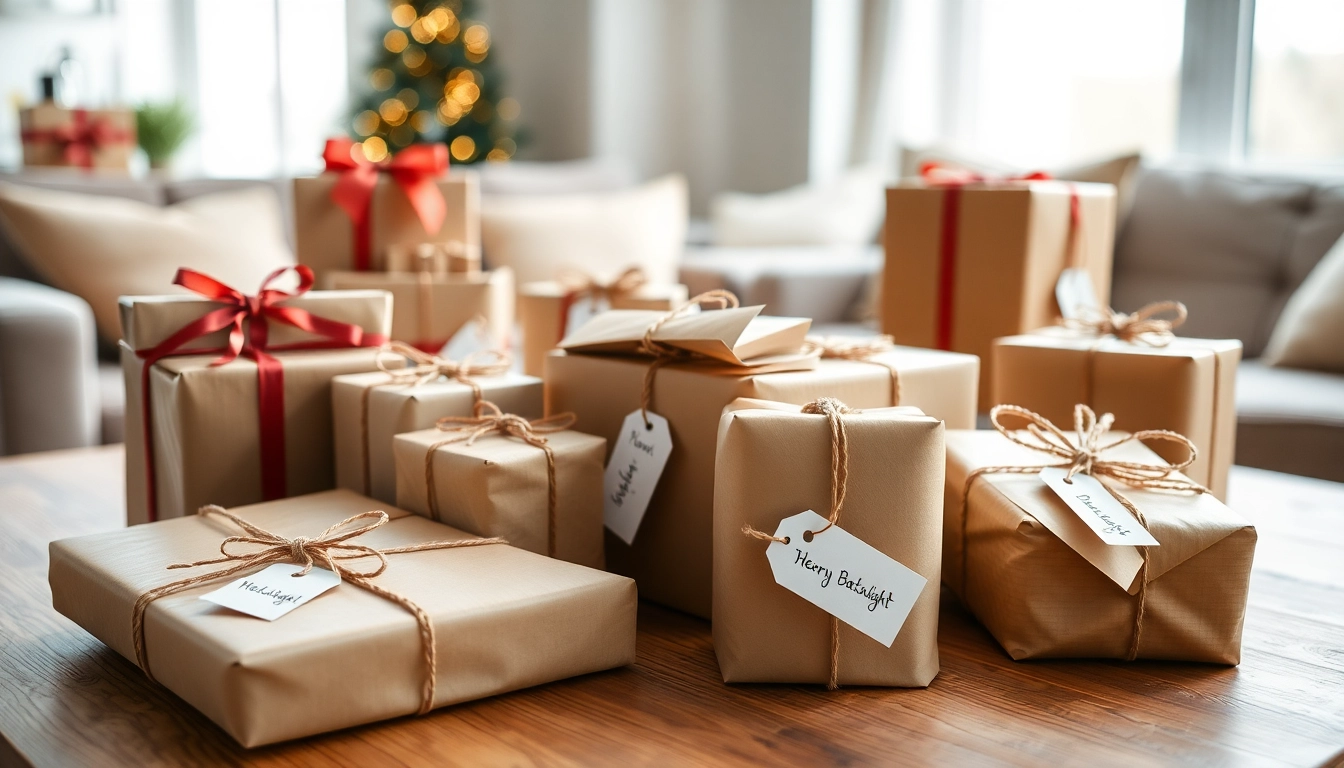 Geschenkideen auf einem dekorativen Tisch mit schönen Verpackungen und Geschenkanhänger.