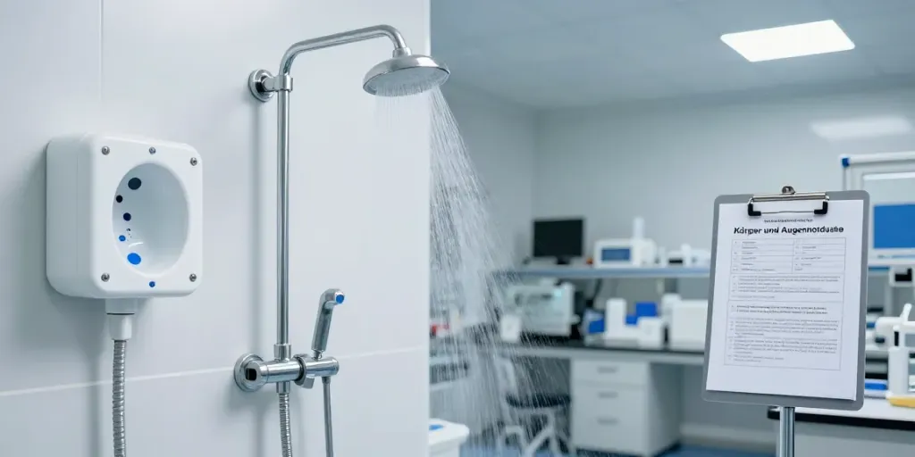 Demonstrating the effective use of a Körper- und Augennotdusche in a laboratory.