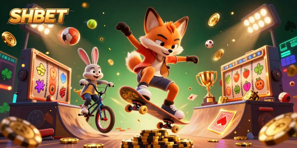 Engage with SHBET's exciting 3D casino scene featuring a skateboarder fox and BMX-riding rabbit.