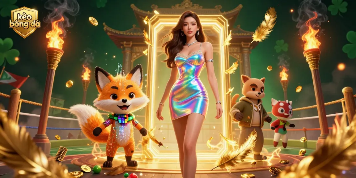Bet on kèo bóng đá with this vibrant illustration featuring a woman and a pixelated fox amidst sports betting elements.