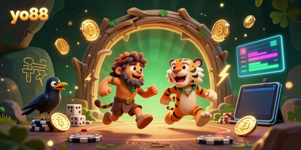 Join the thrilling action at yo88's prehistoric casino with vibrant gaming elements and engaging characters!