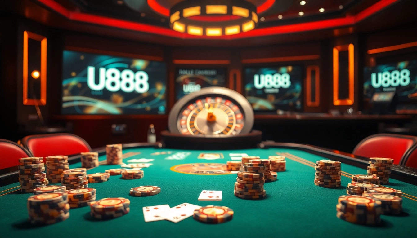 Engage in thrilling U888 casino games with premium poker chips and a glamorous roulette wheel.