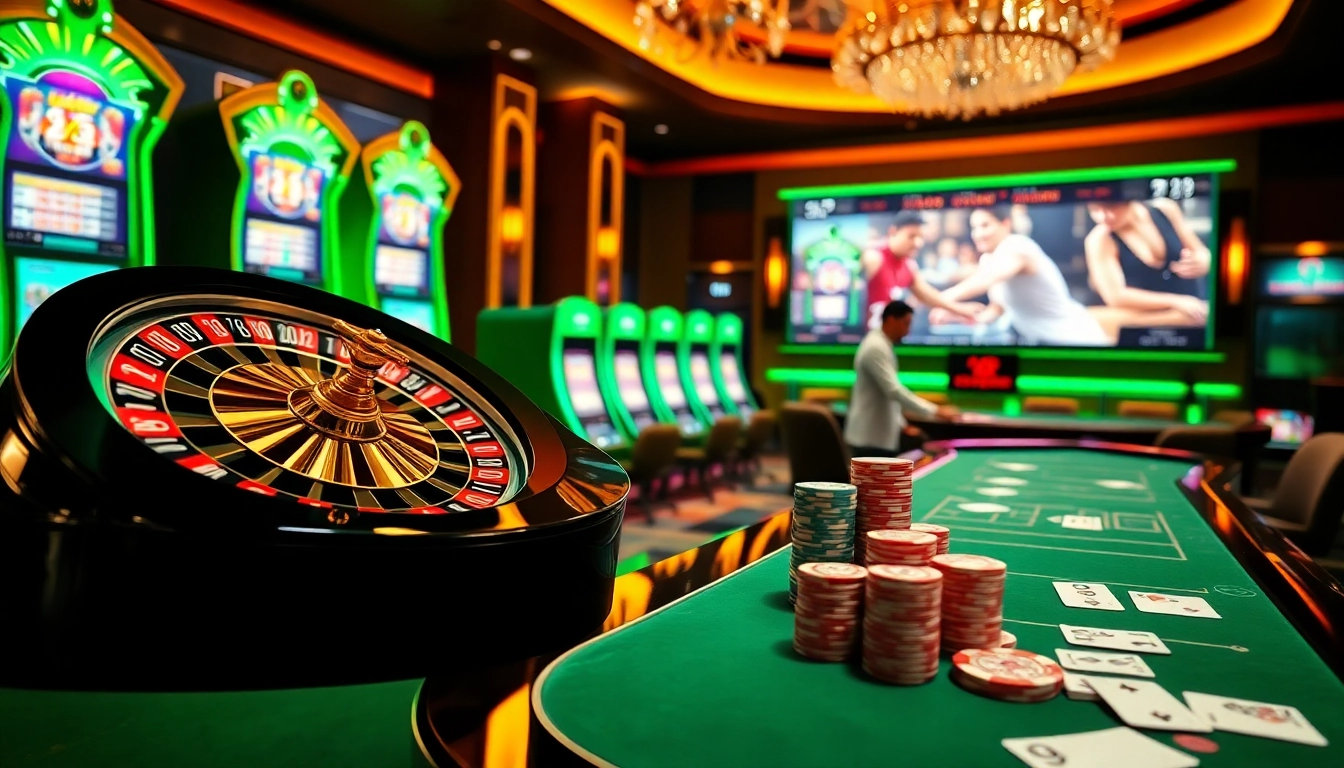 Experience the excitement of 88i nhà cái with vibrant casino visuals showcasing poker, roulette, and slots.