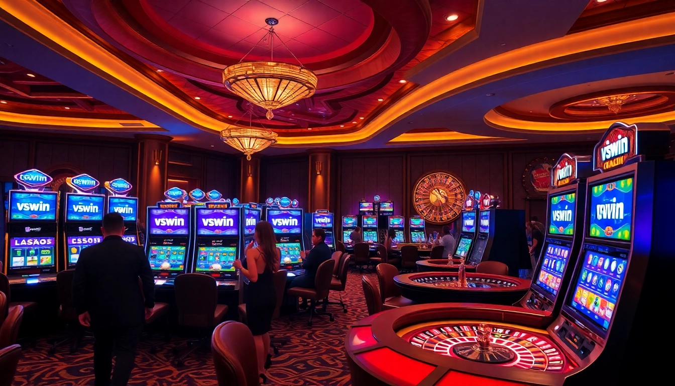 Players enjoying slots at VSWIN casino with vibrant atmosphere and excitement.