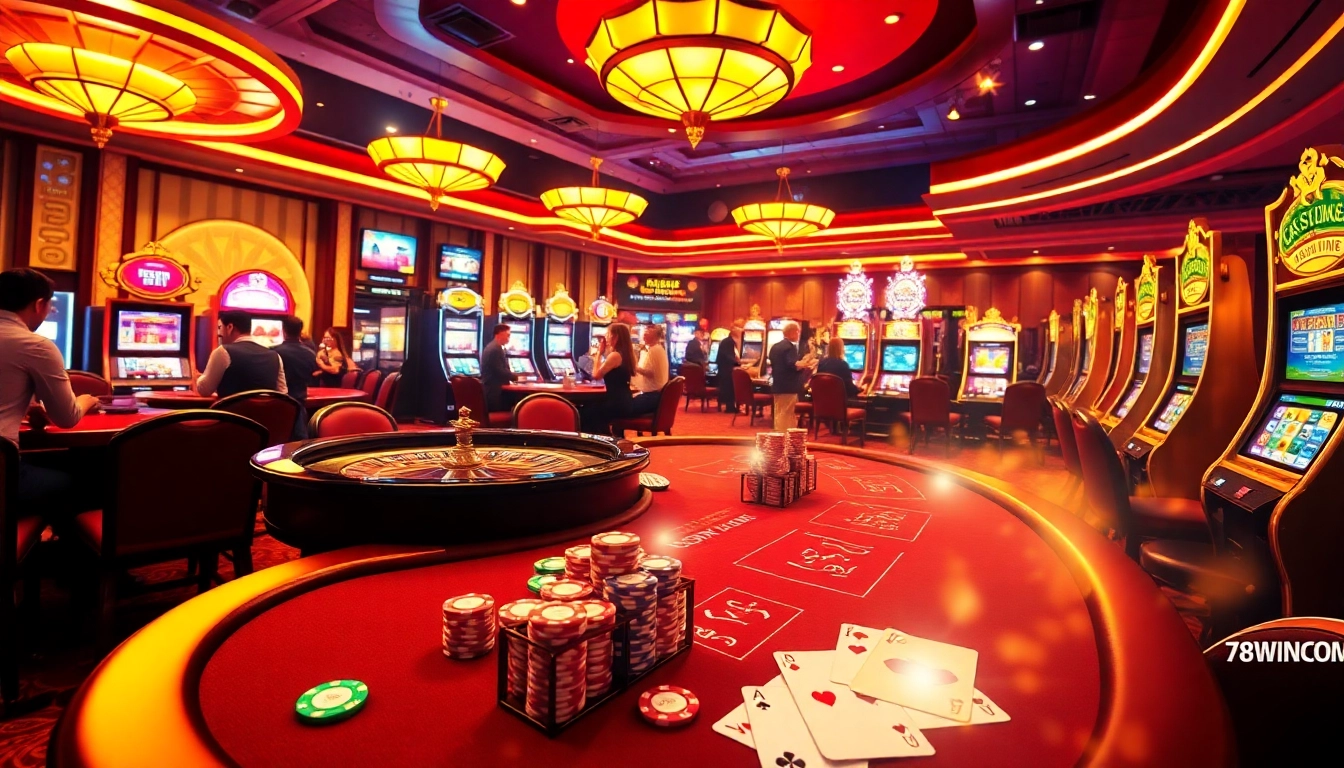 78WINCOM poker table setup with colorful chips and cards, highlighting excitement in a casino atmosphere.