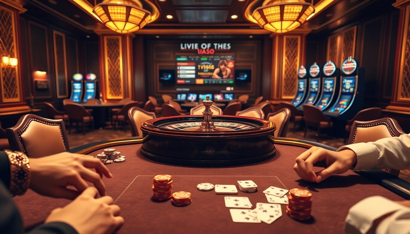 Players engaged in thrilling betting action at https://mm88.press/ casino tables with vibrant chips and cards.