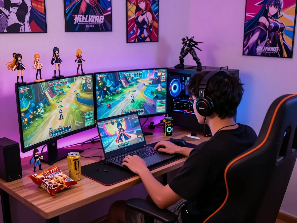 Engaged player enjoying a hentai game on a vibrant gaming setup with anime collectibles.