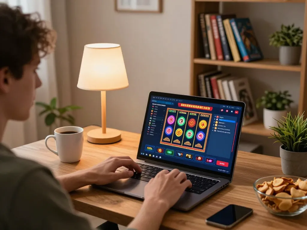 Play at https://mb668.co/ showcasing a cozy home setup for online gambling with engaging gameplay.