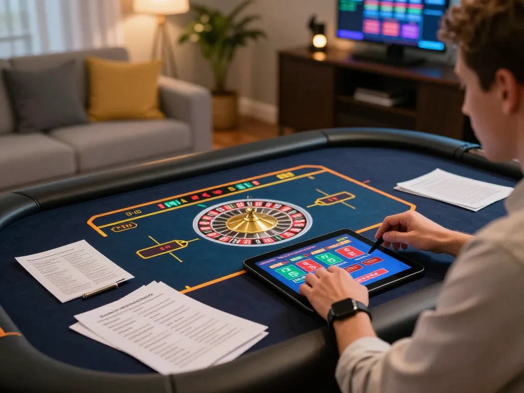 Engaged player at DA88 online casino using tablet for live dealer game while applying strategic betting notes.
