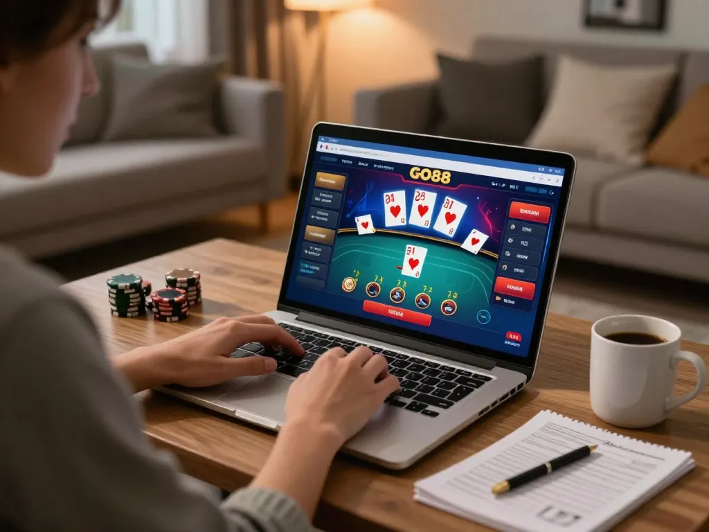 Player engaging with GO88 online casino app, showcasing vibrant poker gameplay in a cozy setting.