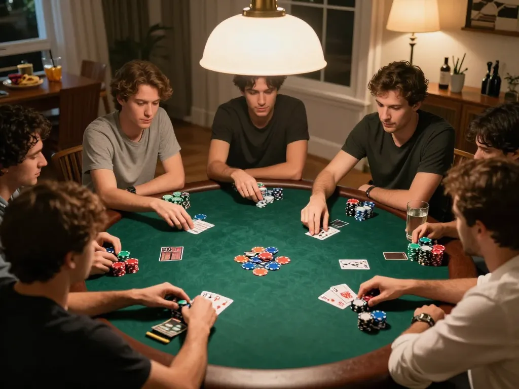 Fesselnde Spielszenen, die Freunde zeigen, die Pokerabend mit der Strategie des Immobilienmaklers Frankfurt Riedberg genießen.