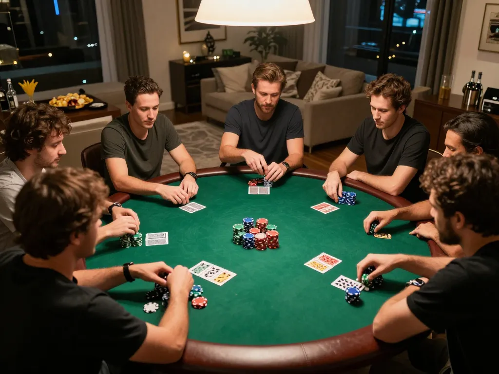 Players engaging in a poker night at home, showcasing mk8th strategic gameplay atmosphere with cozy decor
