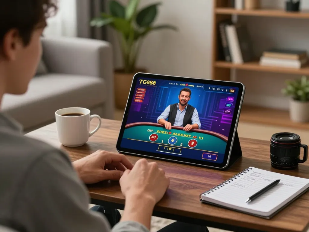 Player using TG88 casino app on tablet in cozy home setting while enjoying live dealer game.