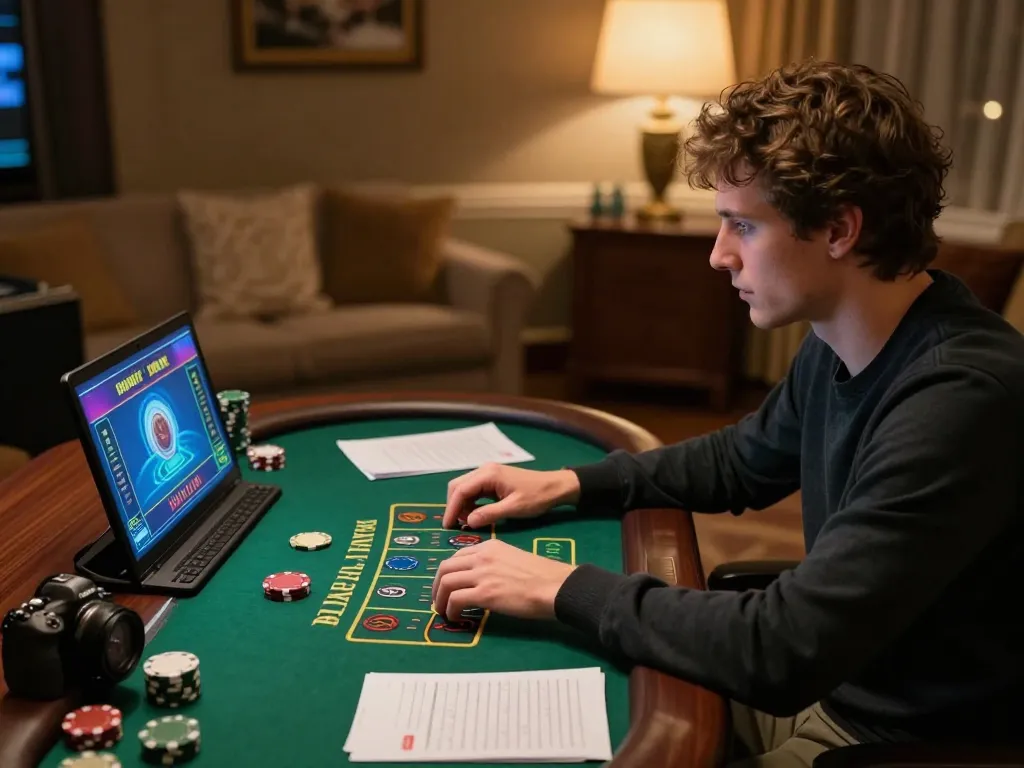 Engaging in live dealer blackjack on Man88, using strategy notes and a laptop.