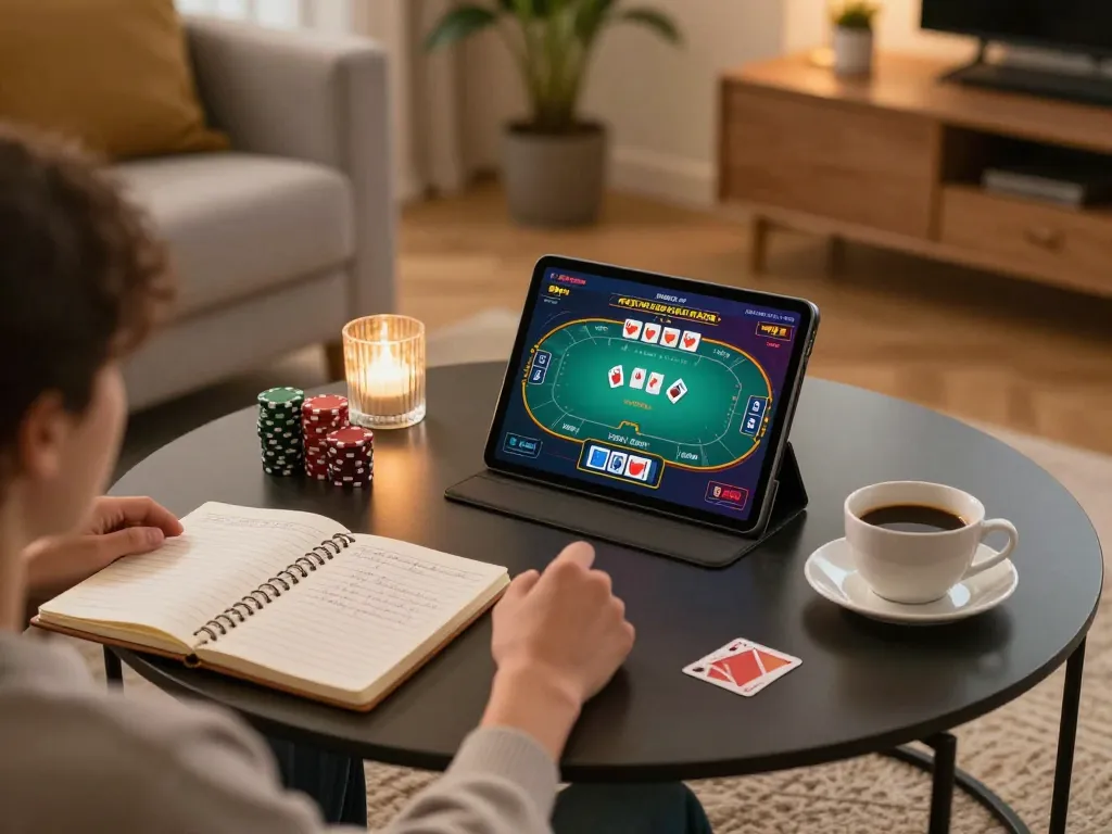 Player strategizing poker game on tablet, showcasing 789bet in a cozy home setting.