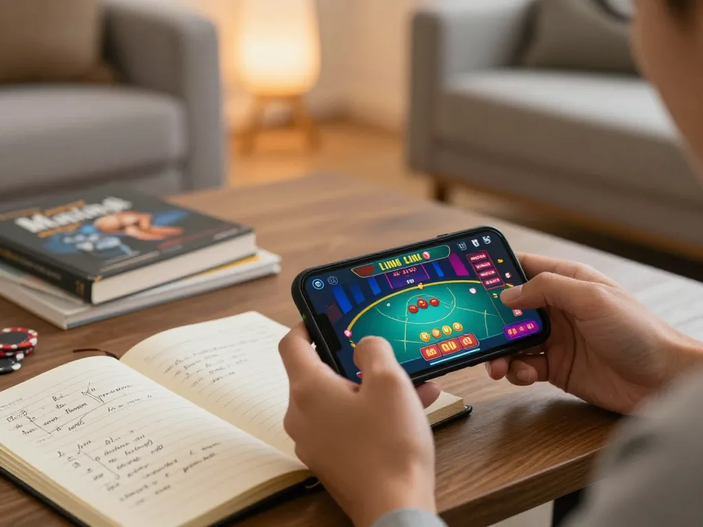 Mobile betting experience on a smartphone for mb668 with vibrant live dealer game interface in cozy home.