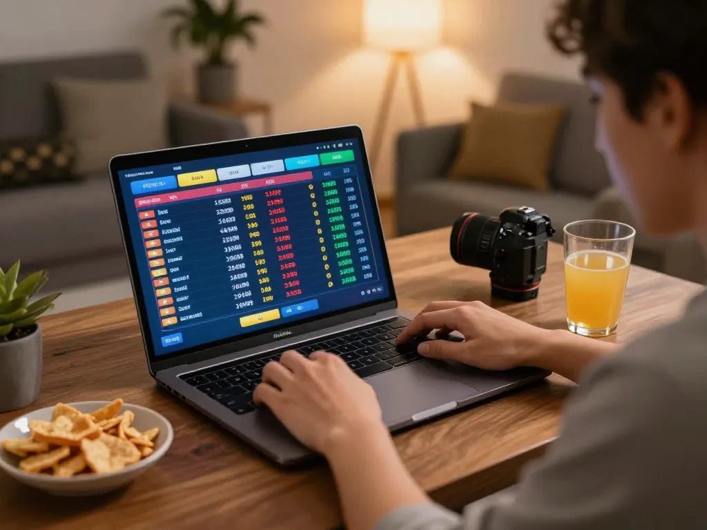 CM88 sports betting enthusiast analyzing odds on laptop in a cozy home setting