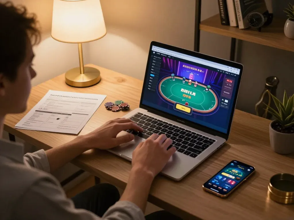 Engaging in online gambling with a laptop showing a poker game interface in a stylish home setup using https