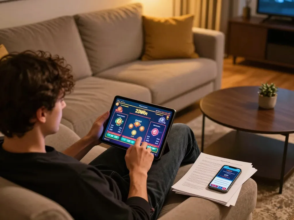 Experience strategic gameplay at 23Win in a cozy home setting with a player using a tablet.