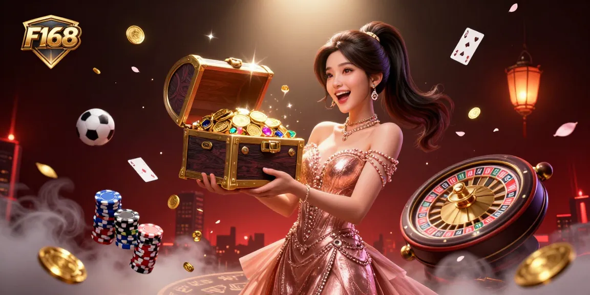 Experience thrilling bets and rewards at F168 with an Asian beauty showcasing treasure chests overflowing with riches.