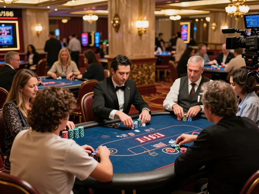 Players enjoying F168 poker at a luxurious casino, vibrant ambiance showcasing high-stakes action.