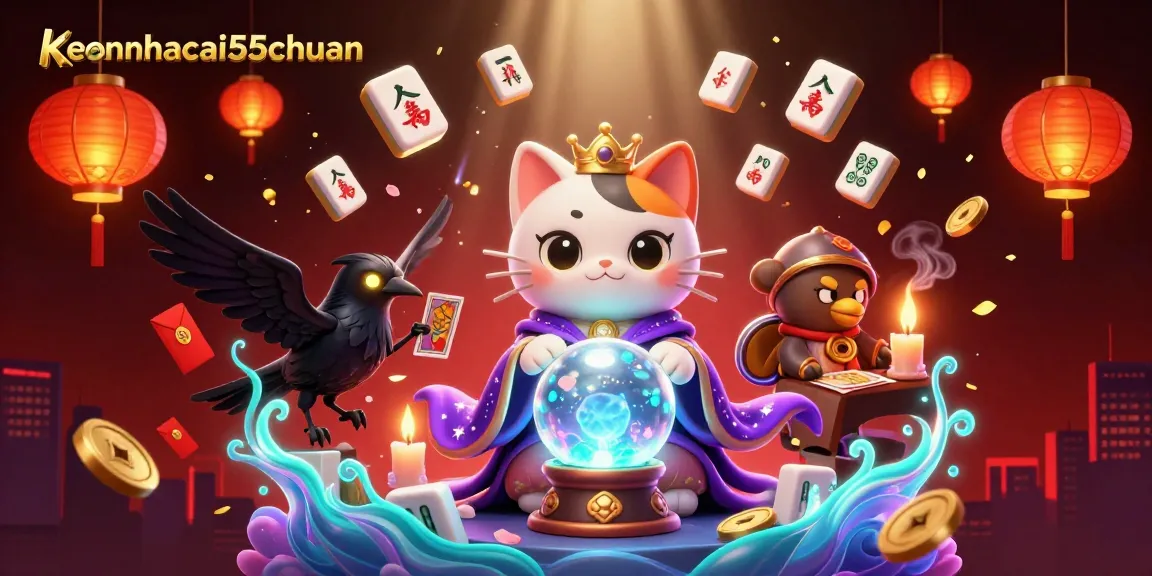 Engage with keonhacai55chuan's mystic scene, featuring gambling symbols, fortune teller cat, and glowing elements.