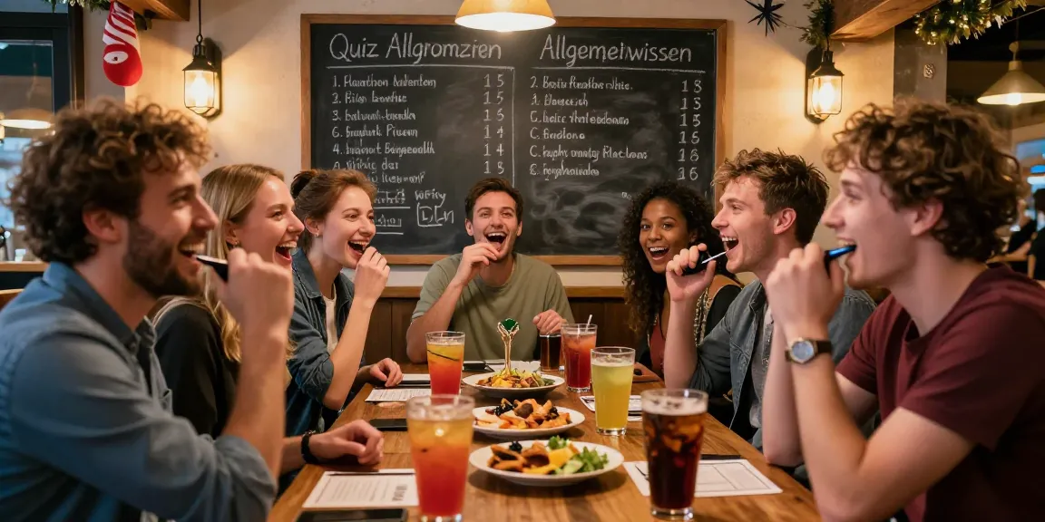 Friends celebrating and testing their Quiz Allgemeinwissen skills during a trivia night at a pub.