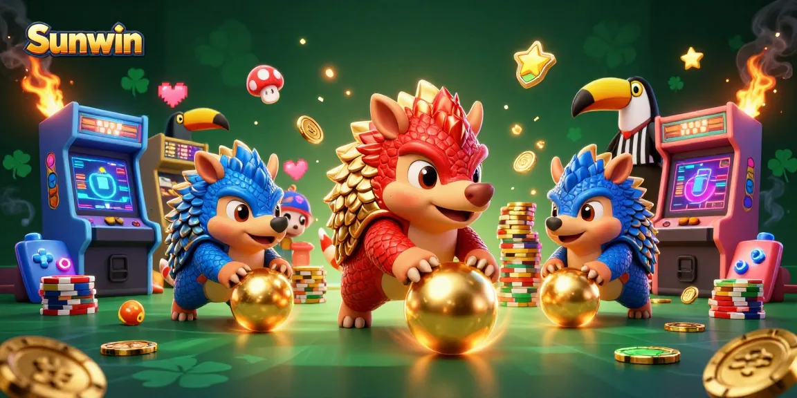 Sunwin's exciting online casino experience illustrated by rival pangolins competing amidst vibrant gaming elements.