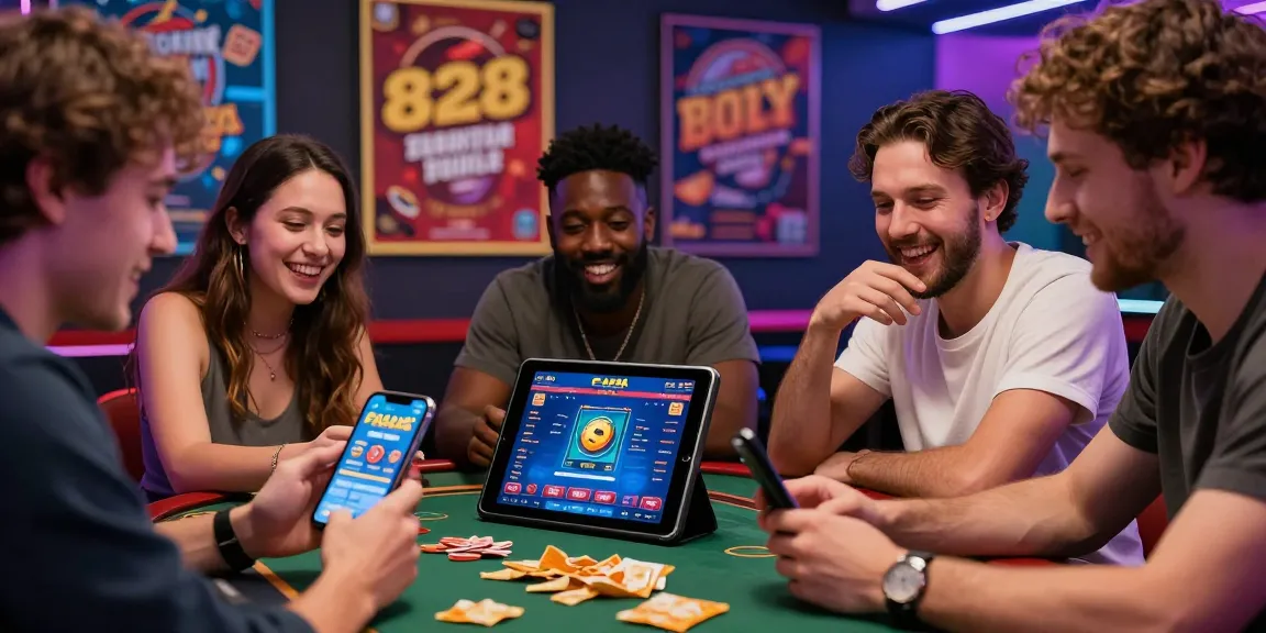 Friends enjoying FAFA 828 gaming experience with mobile devices and snacks.