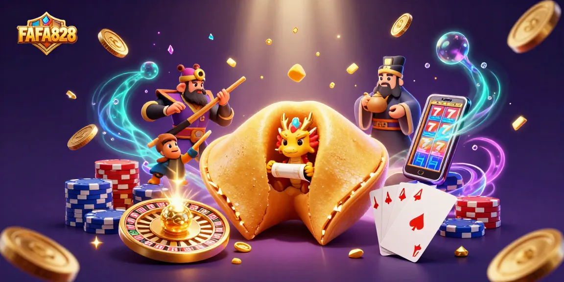 Engage in exciting gameplay with FAFA828, featuring a golden fortune cookie and magical casino elements.