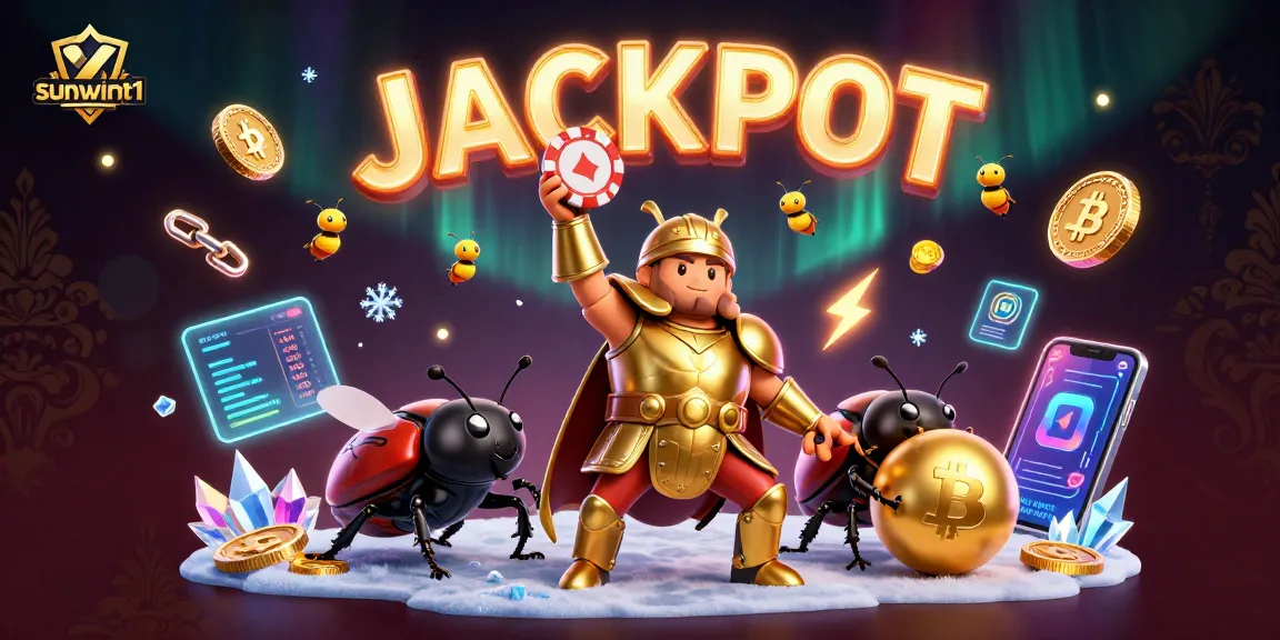 Experience sunwint1's thrilling jackpot action with a victorious beetle, coins, and glowing elements.