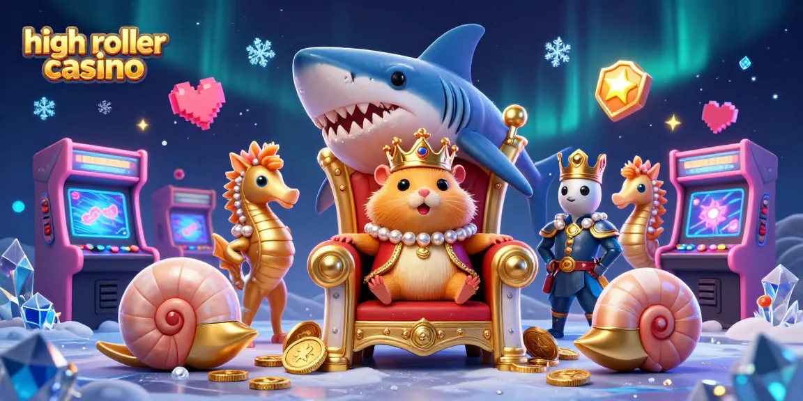 Engage with high roller casino thrills featuring a hamster king on a shark throne surrounded by vibrant gaming elements.
